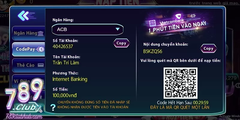 Hướng dẫn giao dịch nạp tiền vào 789Club